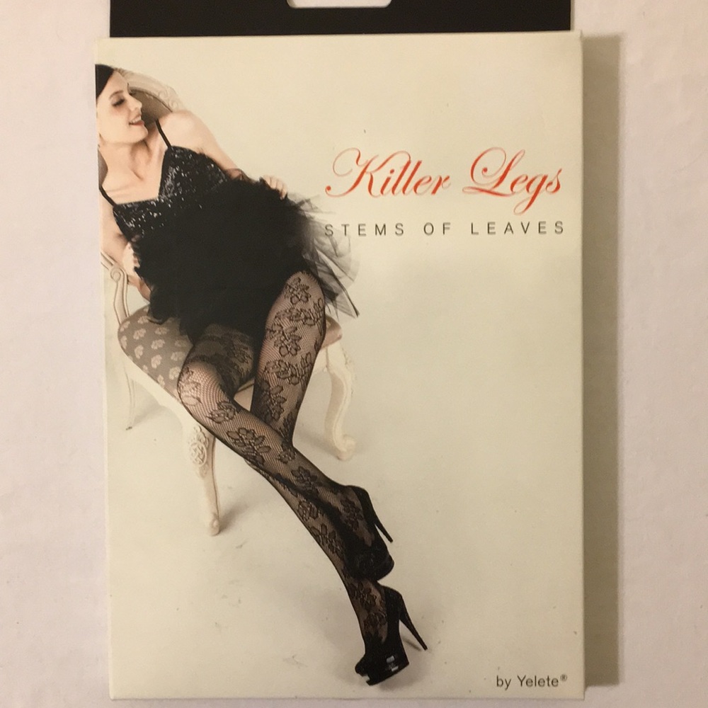 Fishnet pantyhose with stems of leaves.